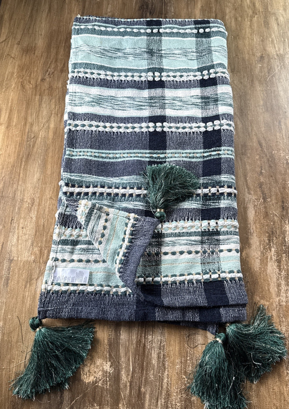 Anthropologie Plaid Sweetheart Throw Blanket Tassels Green Gold Accents 50x60”